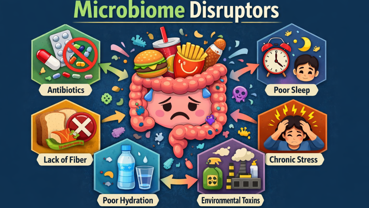 "Microbiome Disruptors” showing a sad, cartoon-style gut at the center surrounded by icons representing factors that harm gut health: antibiotics (pills with a prohibition sign), ultra-processed foods (burger, fries, soda), poor sleep (alarm clock and tired person), chronic stress (person holding head), environmental toxins (factory and chemicals), poor hydration (water bottle and glass), and lack of fiber (low-fiber foods with an X). Arrows point from each factor toward the distressed gut.