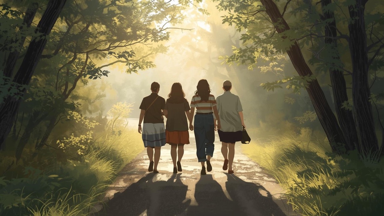 Women walk together on path towards bright light