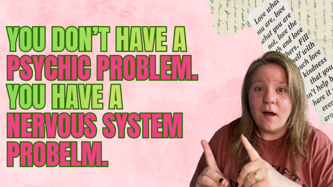 Melinda in mauve colored shirt pointing the words You Don’t Have a Psychic Problem. You Have a Nervous System Problem.