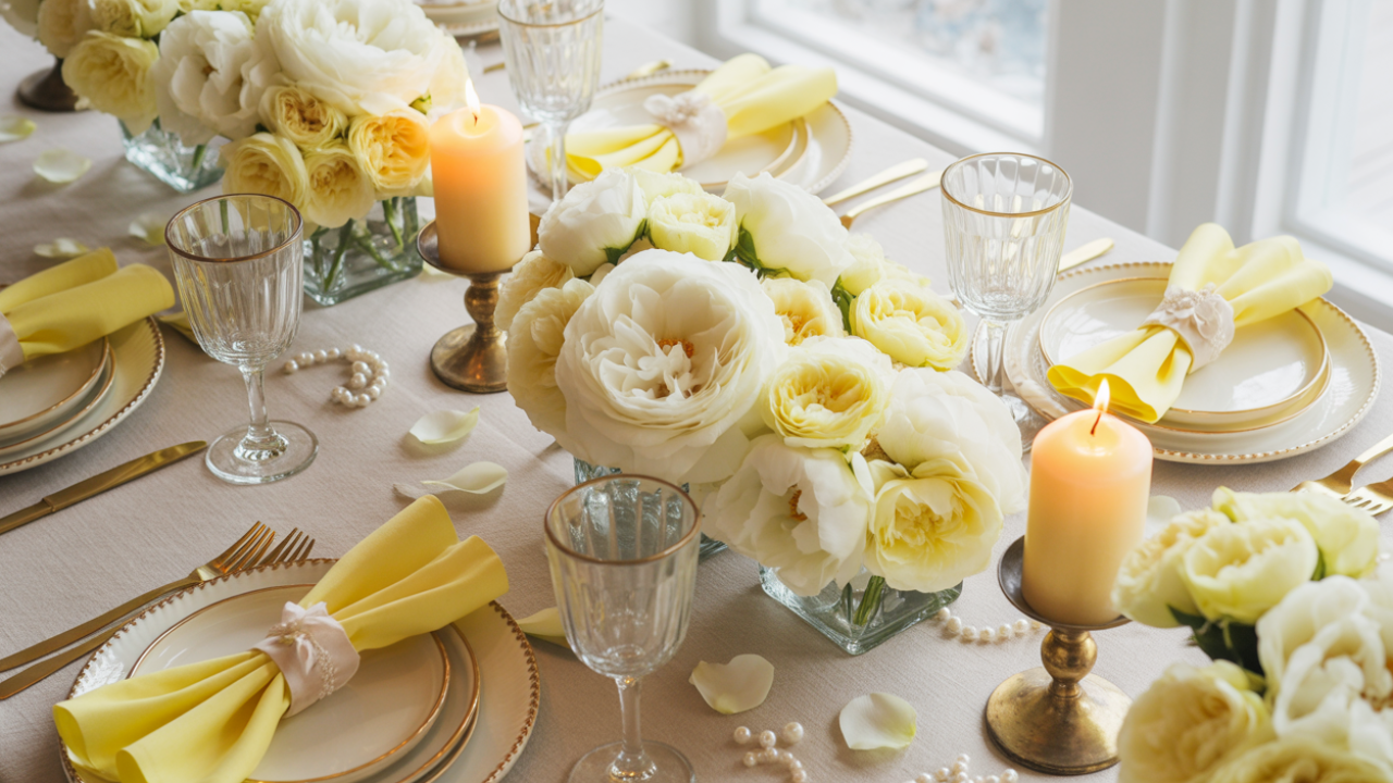 Light Yellow Wedding and Bridal Shower Tablescapes