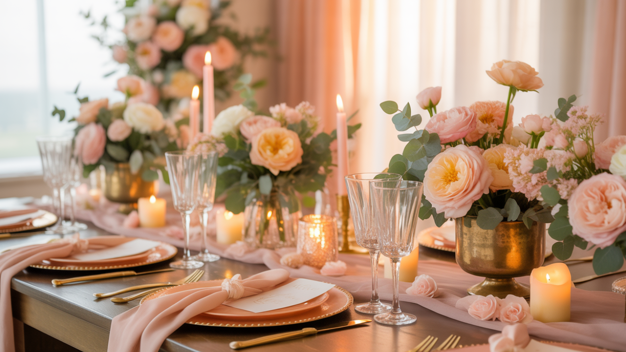 Soft Peach Wedding and Bridal Shower Tablescapes