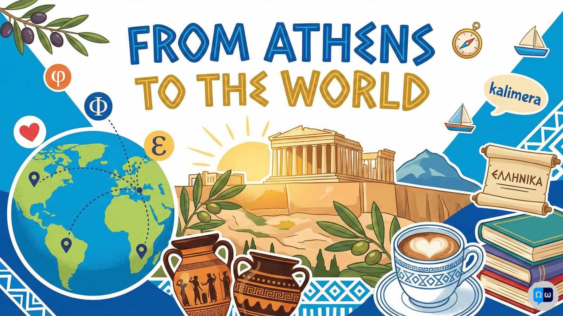 Vibrant illustration titled From Athens to the World, featuring the Parthenon, a globe showing the Greek diaspora, olive branches, Greek coffee, and books representing Greek language and culture.