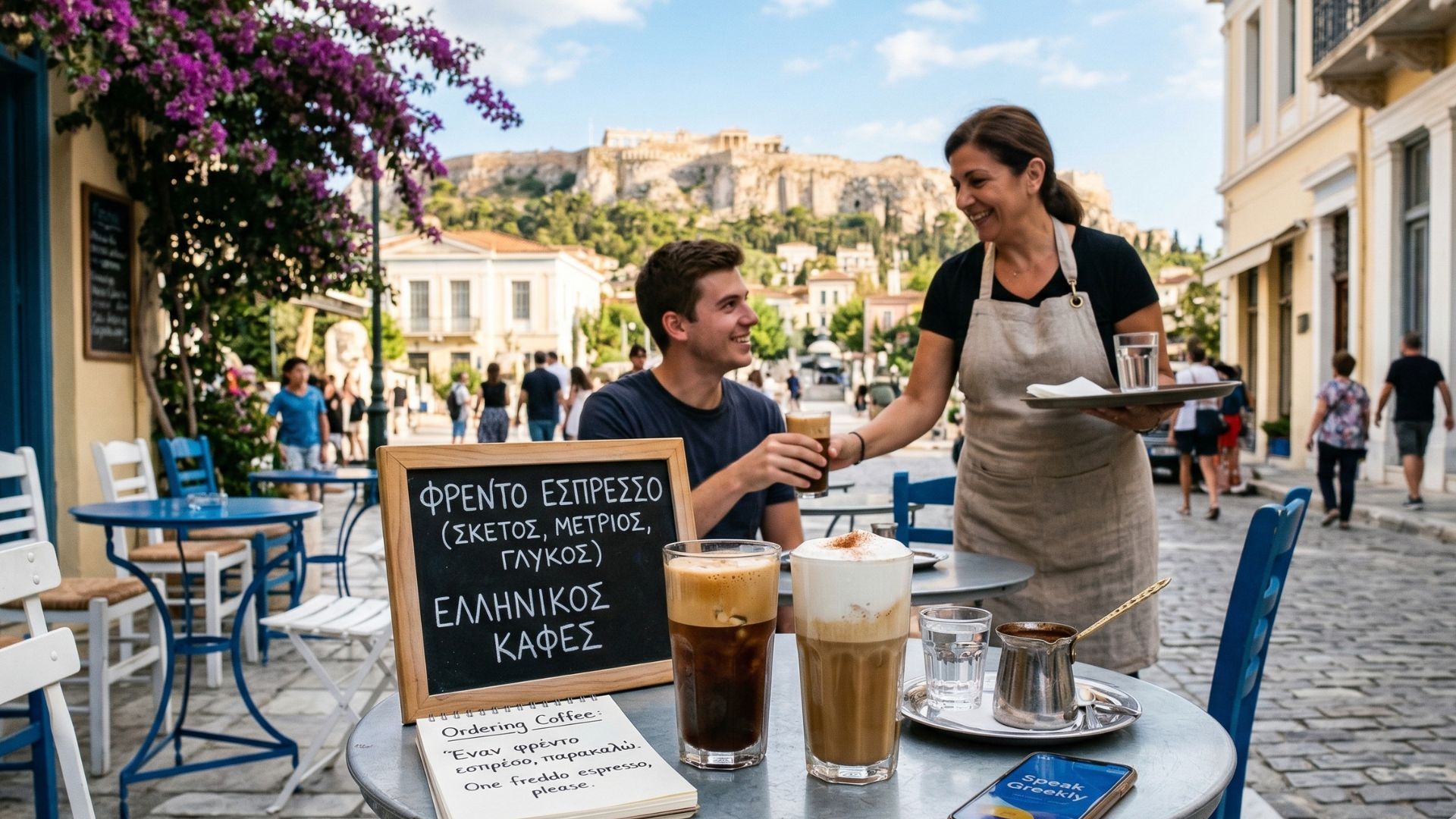 An authentic Greek cafe scene in Plaka, Athens, featuring glasses of iced Freddo Espresso and Freddo Cappuccino, a hot Greek coffee (Ellinikos) in a briki pot, and a blackboard displaying Greek coffee vocabulary for 'sketos,' 'metrios,' and 'glykos.' The Acropolis and Parthenon are visible in the background under a sunny sky. A helpful guide for ordering coffee in Greece by Speak Greekly.