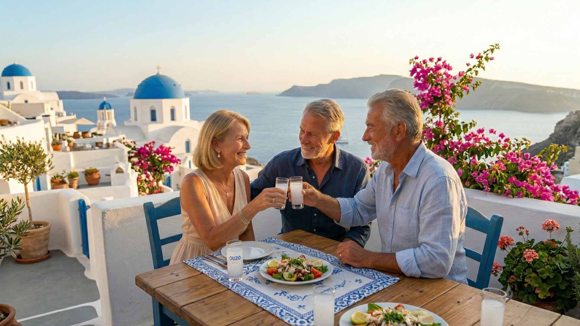 Retirees enjoying a local experience at a Greek tavern with sea views. Mature couple toasting with a local friend over traditional food and ouzo in Santorini, Greece.