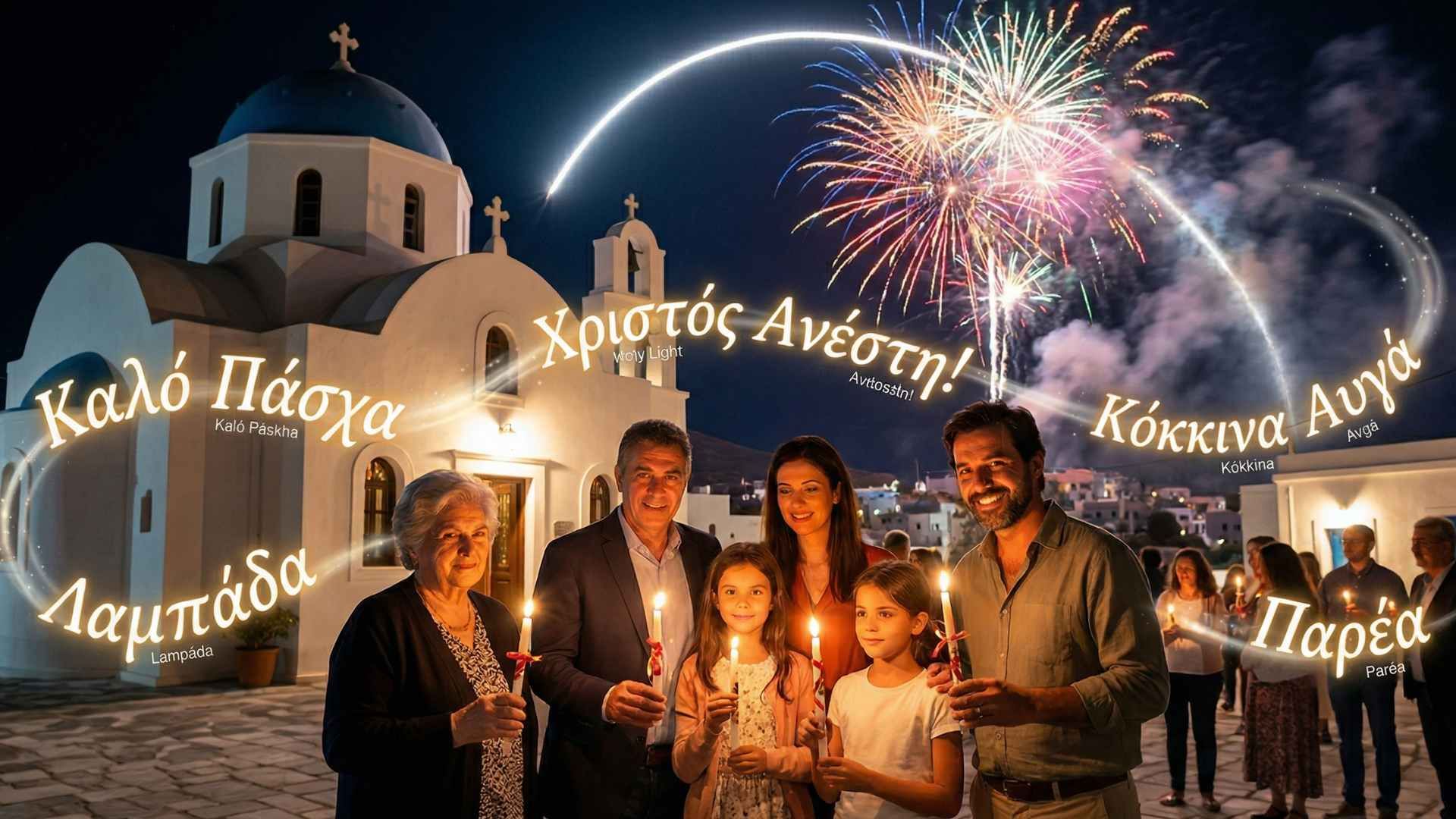 Greek Orthodox church at night during Easter with fireworks and people holding candles.