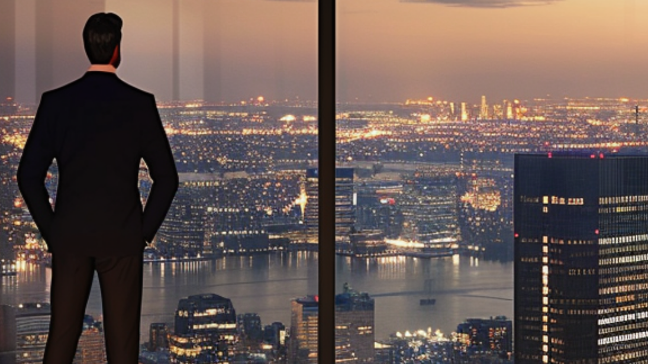 Man looking out of highrise office at city skyline