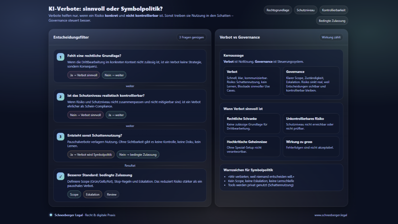 Infografik zu KI-Verboten vs Governance mit Entscheidungsfilter und Kriterien