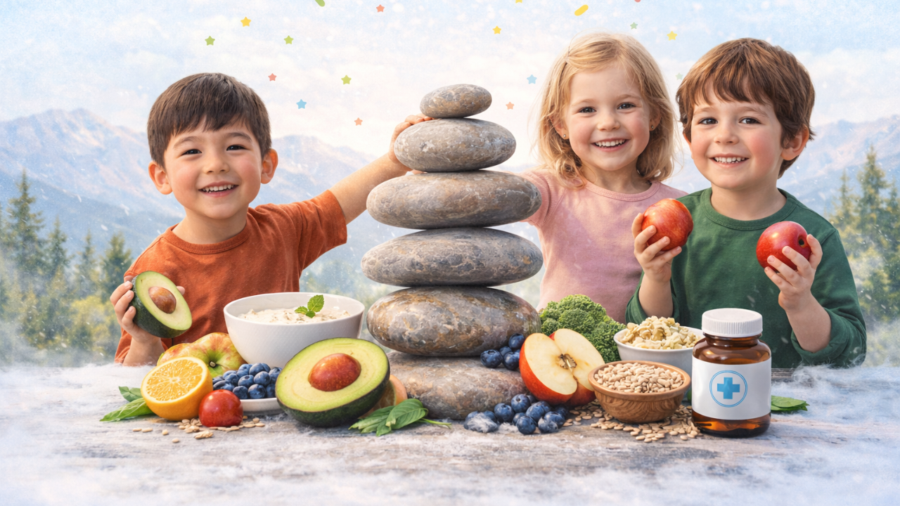 Kids with healthy foods and stacked stones representing balance and gut health