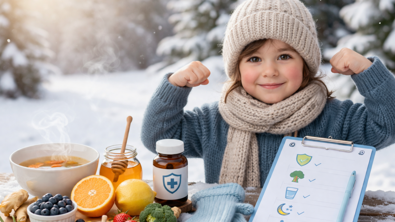 Child in winter clothing with healthy foods and holiday treats illustrating a balanced approach to kids’ winter immune health