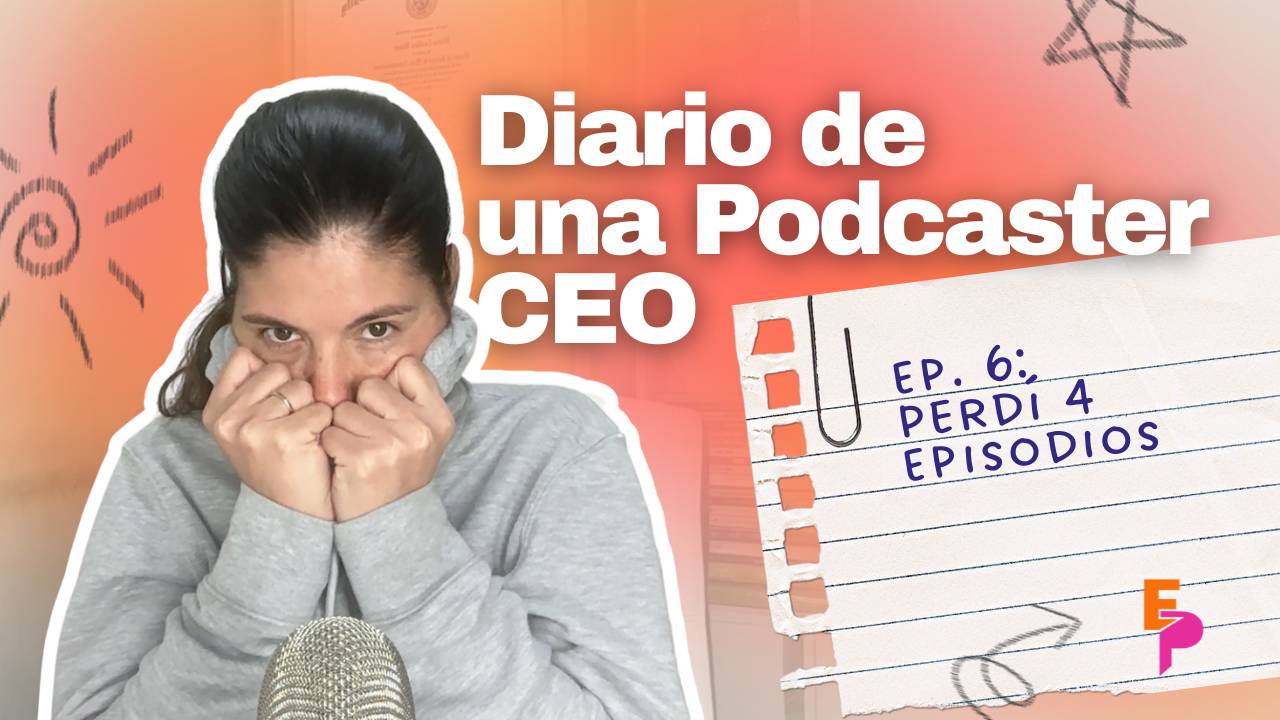 Podcaster frustrada revisando grabación sin audio en su podcast