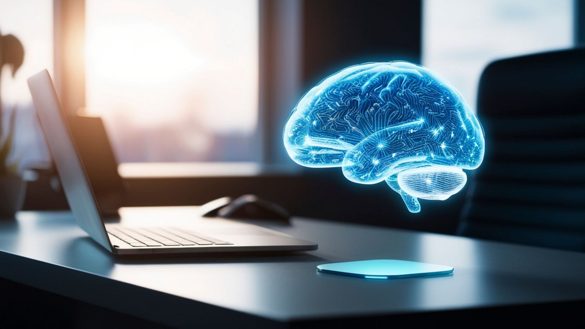 Futuristic brain hologram above a laptop representing neuroscience-based coaching and brain coach certification for modern professionals