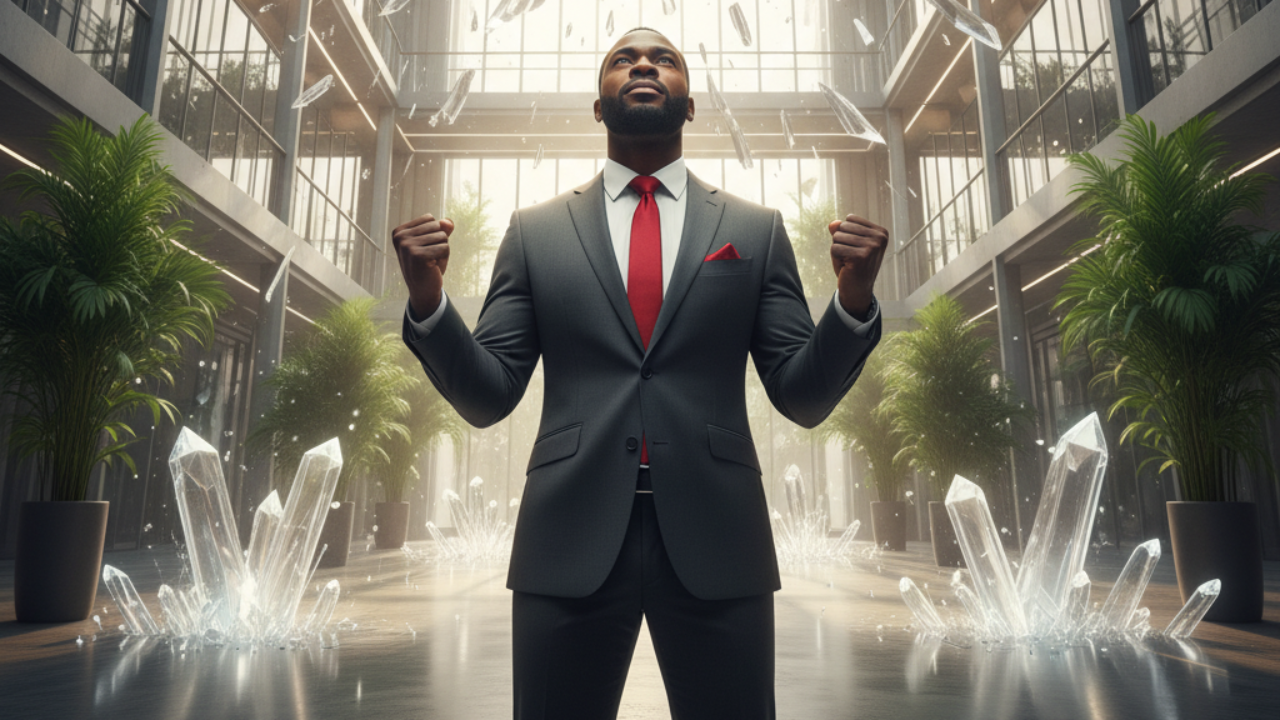 Determined Black/African American man breaking through a glass ceiling, symbolizing overcoming limiting beliefs and achieving success, in a modern and inspiring setting with elements of growth and opportunity.