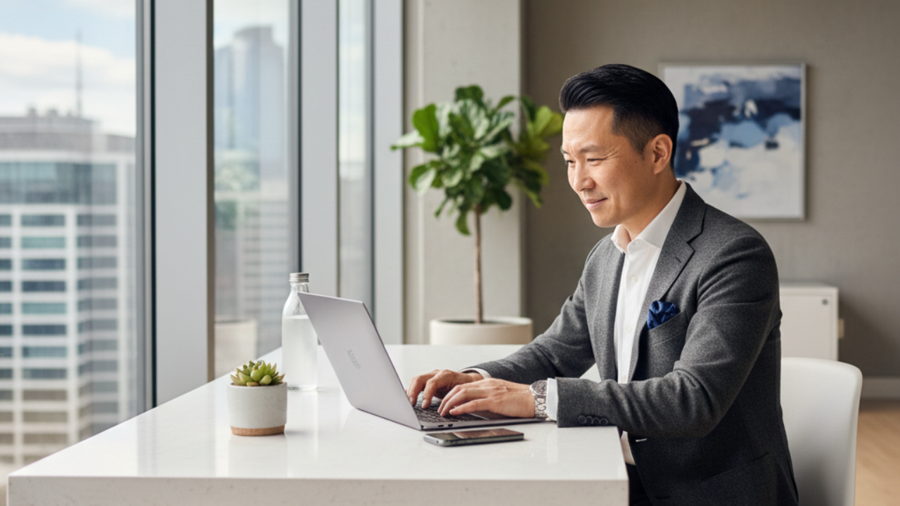 Professional Asian man in a modern office, focused on a laptop at a clean desk with natural light, symbolizing concentration, emotional intelligence, and productivity