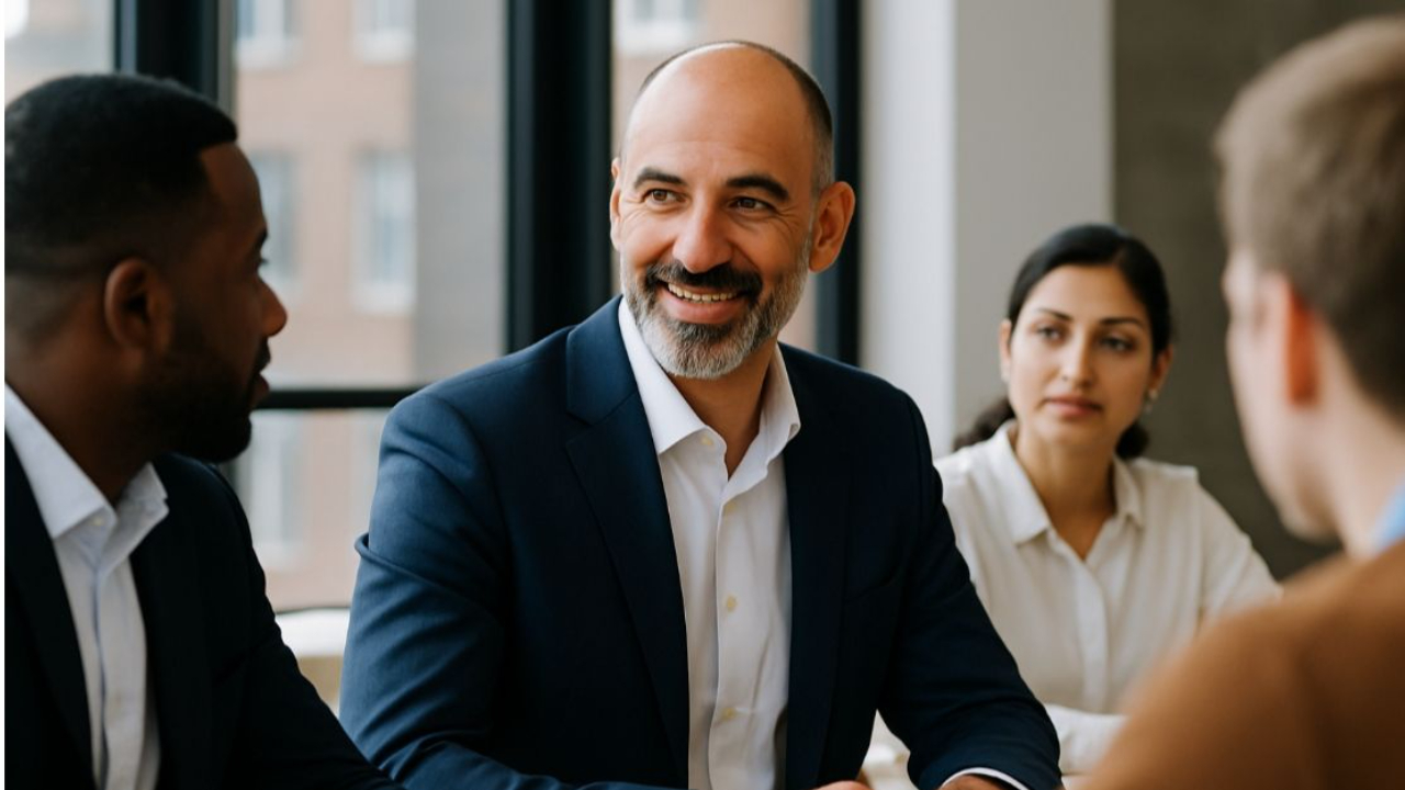 Smiling bald man in a navy suit engaged in a professional meeting with diverse colleagues in a modern office, symbolizing collaboration and positivity.