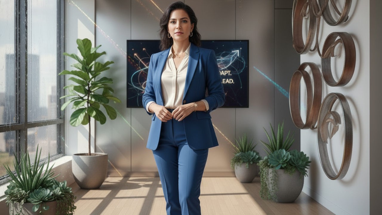 Confident Latina woman in a modern office, symbolizing adaptability and thriving in the face of uncertainty, with elements of growth and progress in a professional setting