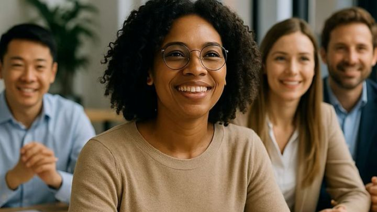 Diverse group of professionals collaborating at a wooden table in a bright office setting, featuring a smiling Black woman with glasses using a laptop, symbolizing teamwork, inclusivity, and engagement.