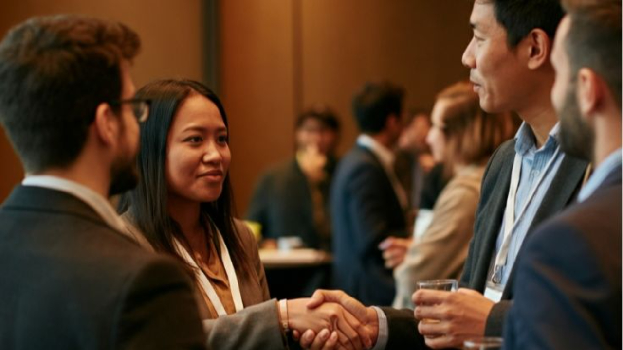 A professional networking event featuring a handshake between two individuals in formal attire, surrounded by other attendees in a warmly lit indoor venue.