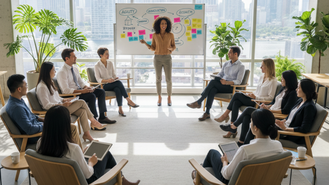 Diverse group of professionals in a modern office, participating in a leadership workshop with a presenter using a whiteboard, symbolizing adaptability and collaboration.