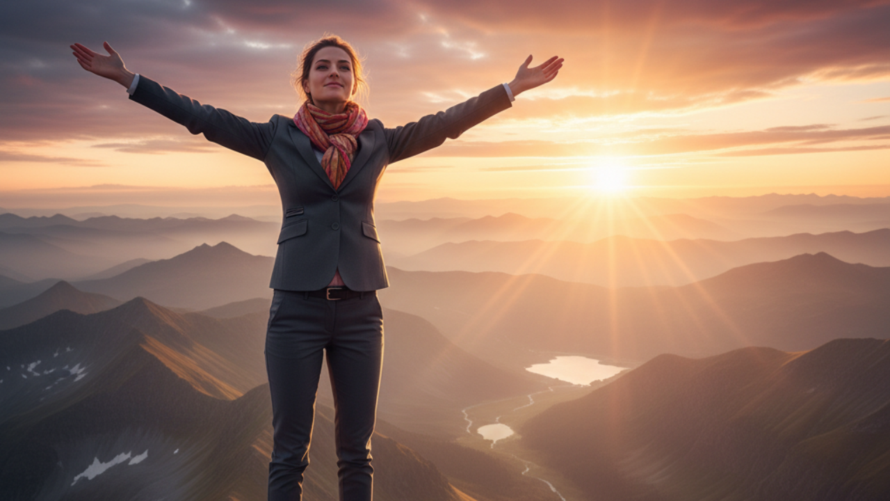 A professional woman standing confidently on a mountain peak at sunrise, symbolizing triumph over self-doubt, empowerment, and the achievement of inner confidence.