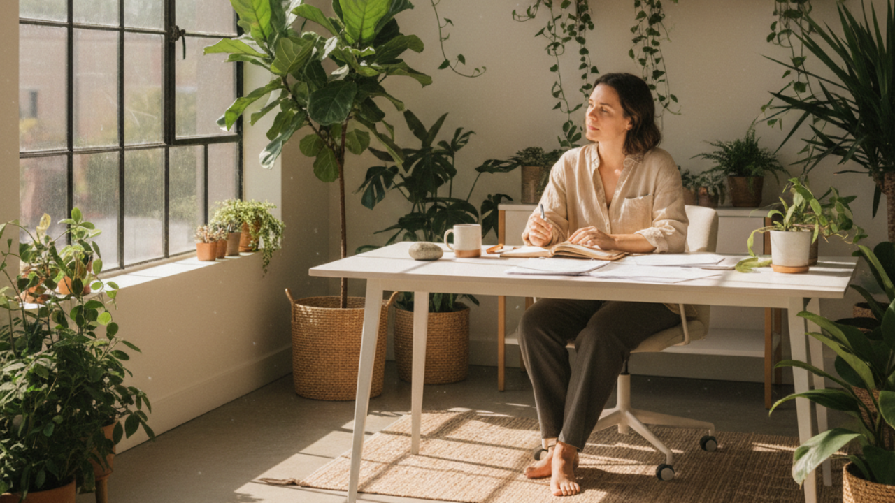 A person sitting peacefully in a modern, sunlit office with large windows, surrounded by plants and a notebook, symbolizing self-reflection and personal growth.