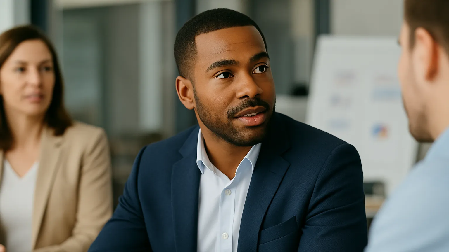 Black man in a navy suit engaged in a professional meeting, gesturing thoughtfully while addressing colleagues in a modern business setting.