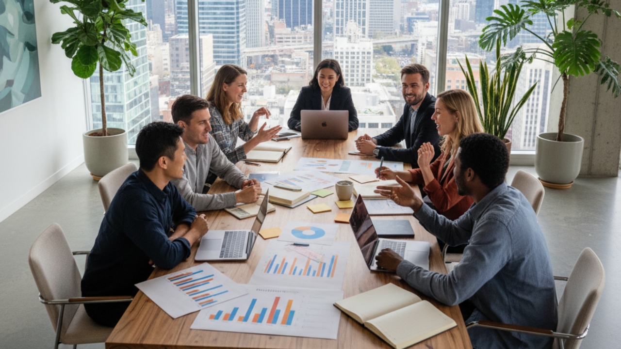 Diverse team collaborating in a modern office, working around a table with laptops, charts, and notes, symbolizing teamwork, resilience, and inclusivity.