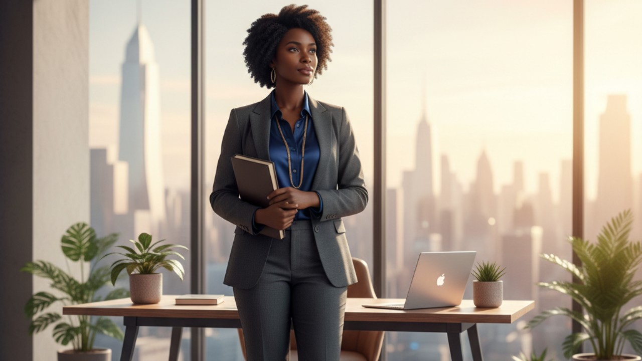 Confident Black woman standing in a modern office, symbolizing self-awareness and authentic leadership, with a full-body view, professional elements like a desk and cityscape, and inspiring lighting.