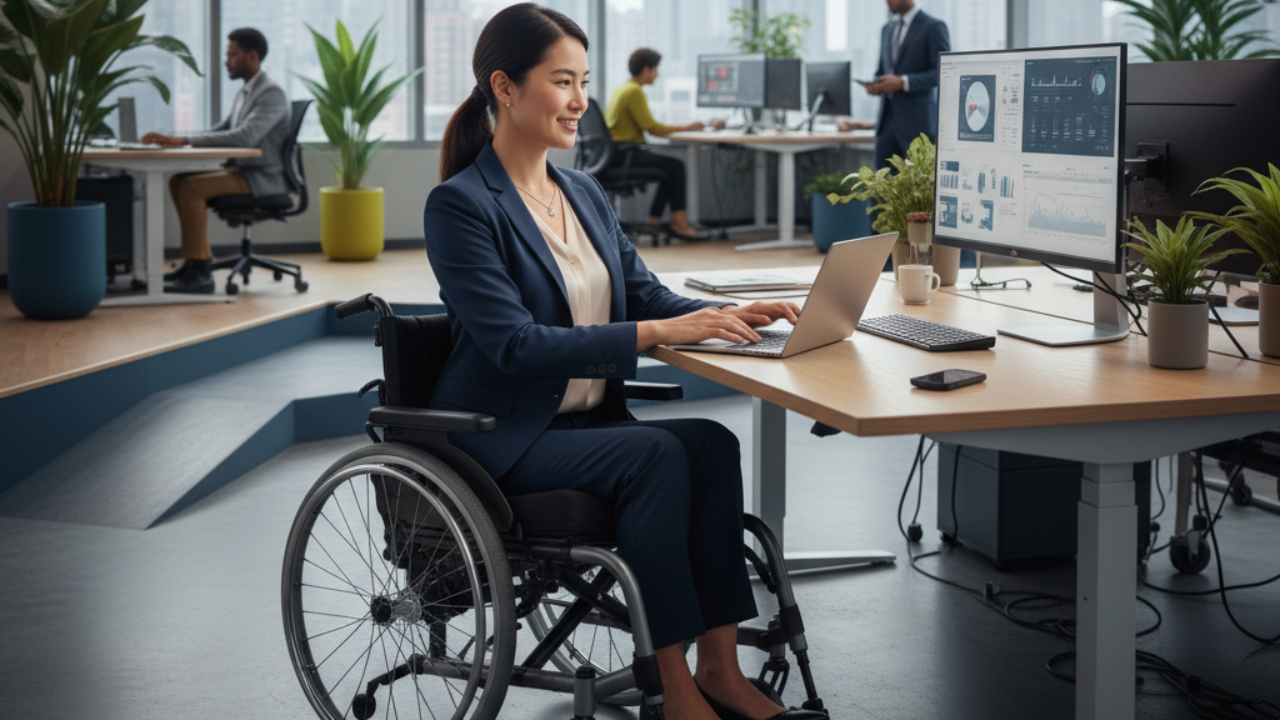Professional Asian woman in a wheelchair working confidently at a desk in a bright, modern office, symbolizing inclusivity, resilience, and emotional intelligence.