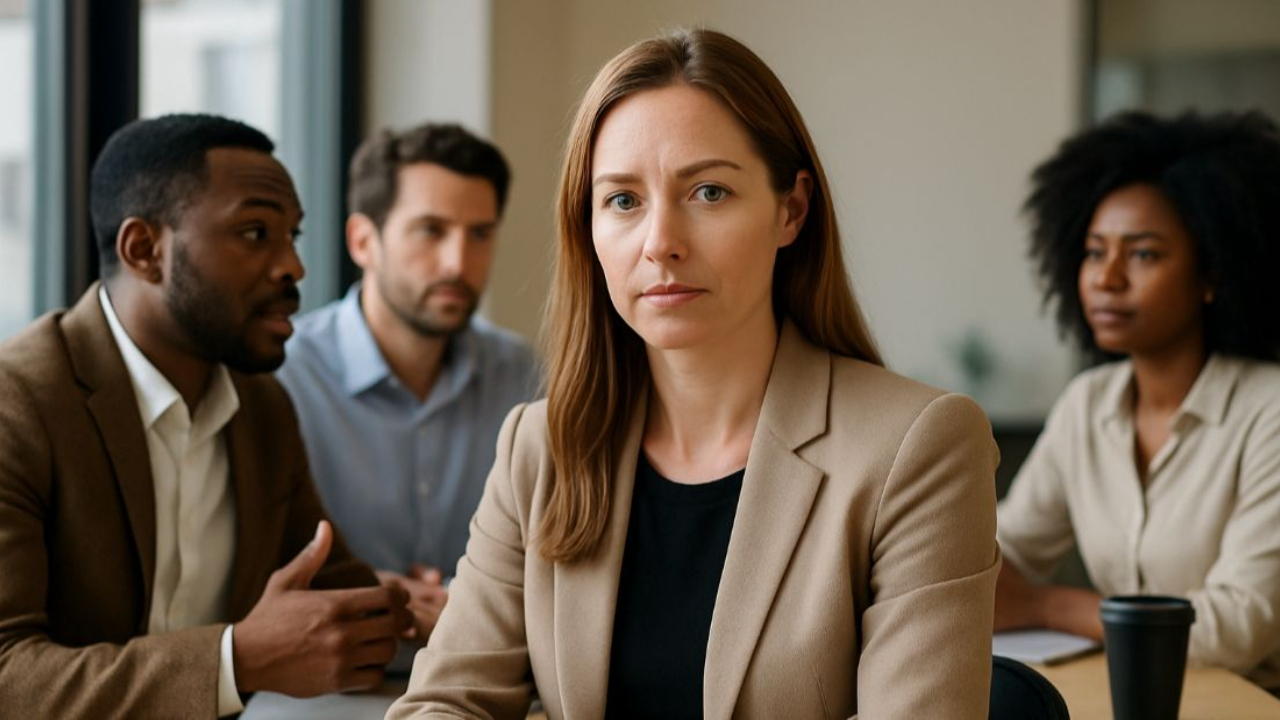 Diverse group of professionals in a modern office setting, with a focused woman in a beige blazer at the center, symbolizing leadership, collaboration, and engagement.