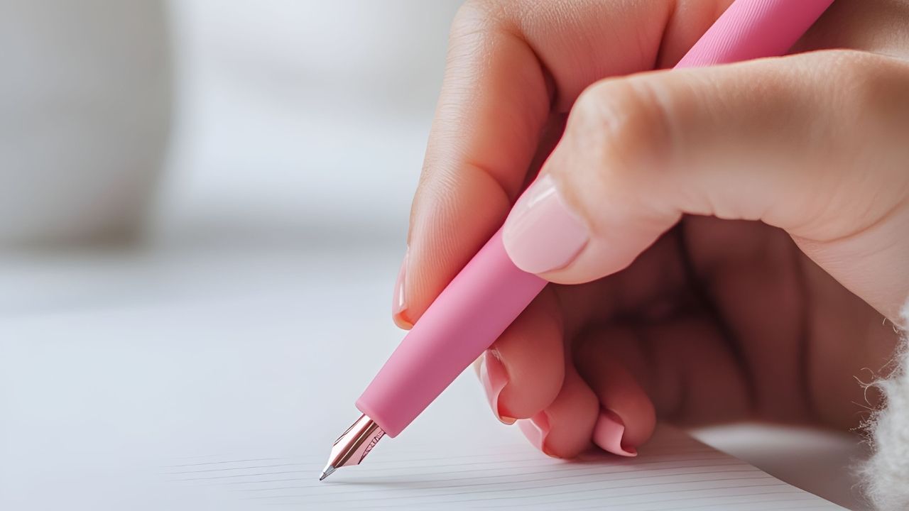 Close-up of a hand writing with a pink pen on a notebook page.