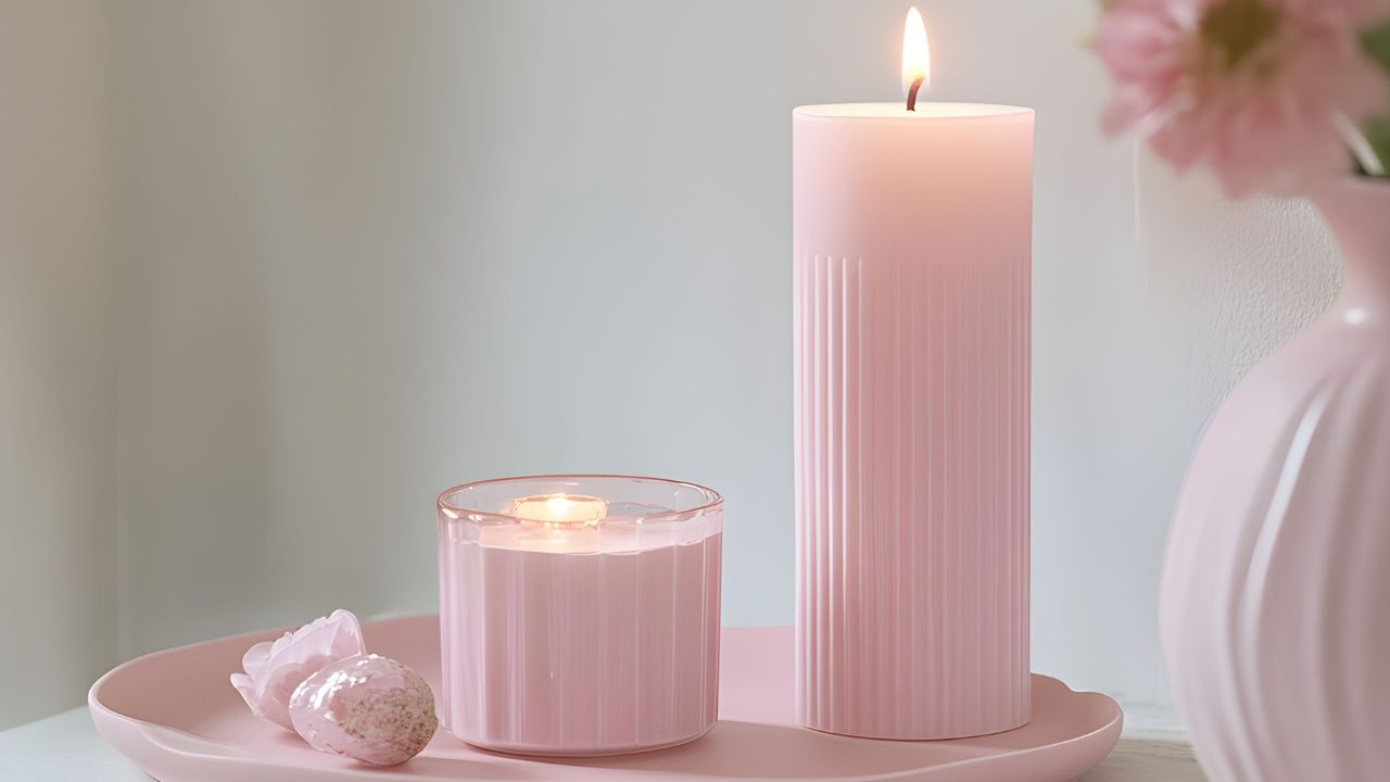 A tall pink pillar candle and a smaller pink candle burning on a tray beside a crystal.