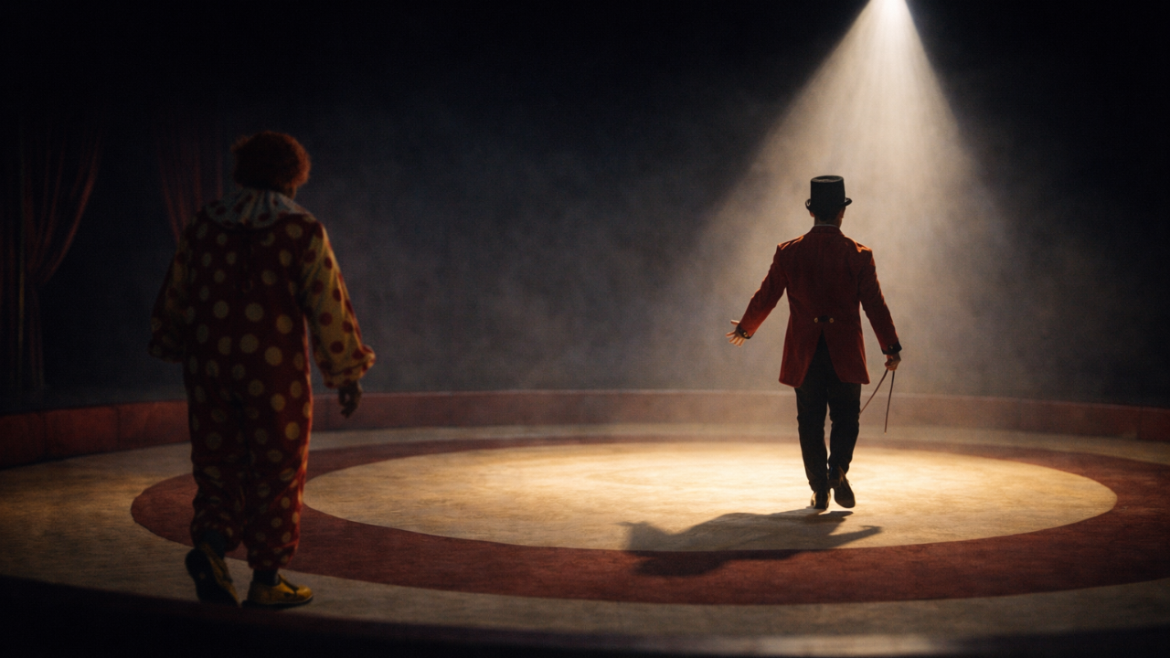 Circus performers in a spotlight passing roles in the ring, representing strategic outsourcing and prioritizing what matters most.