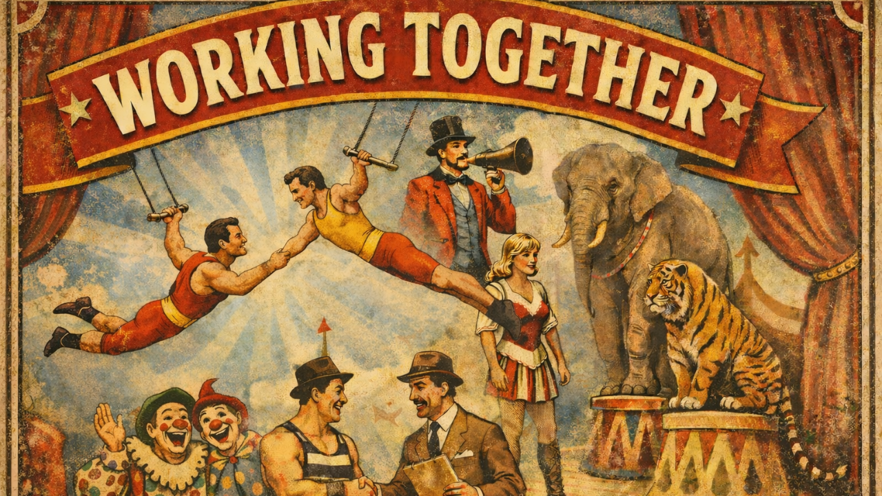 Vintage-style illustration of circus performers working together to represent collaboration and teamwork in leadership.