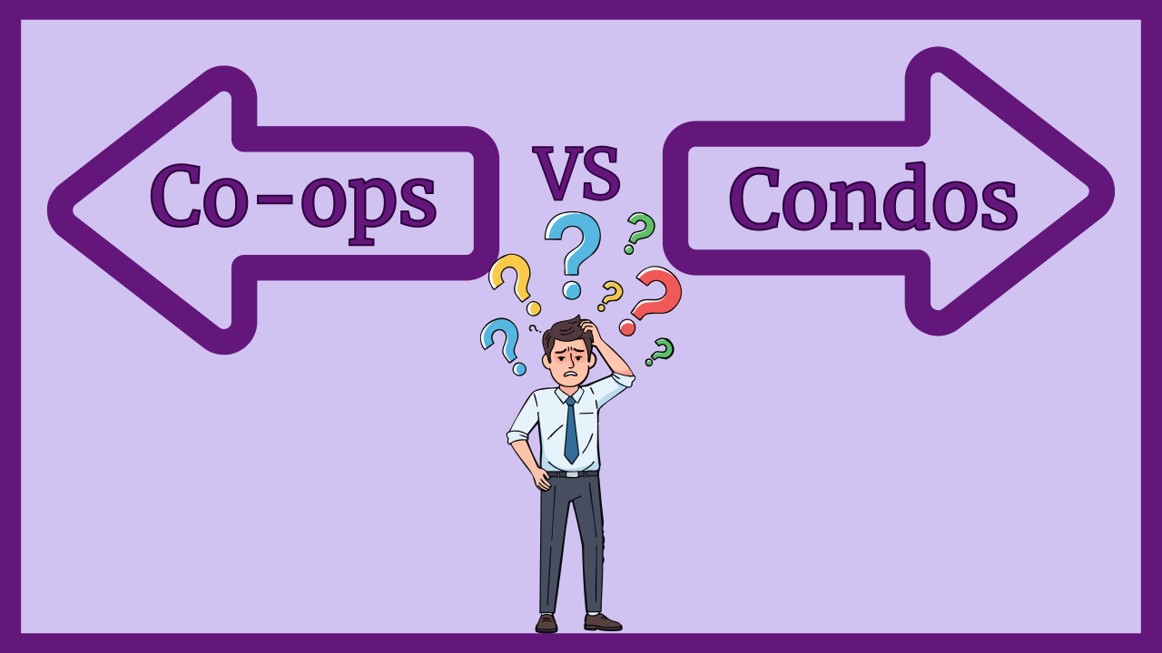 Graphic of a confused man with question marks and 2 arrows pointed in opposite directions. One says Co-ops the other says Condos