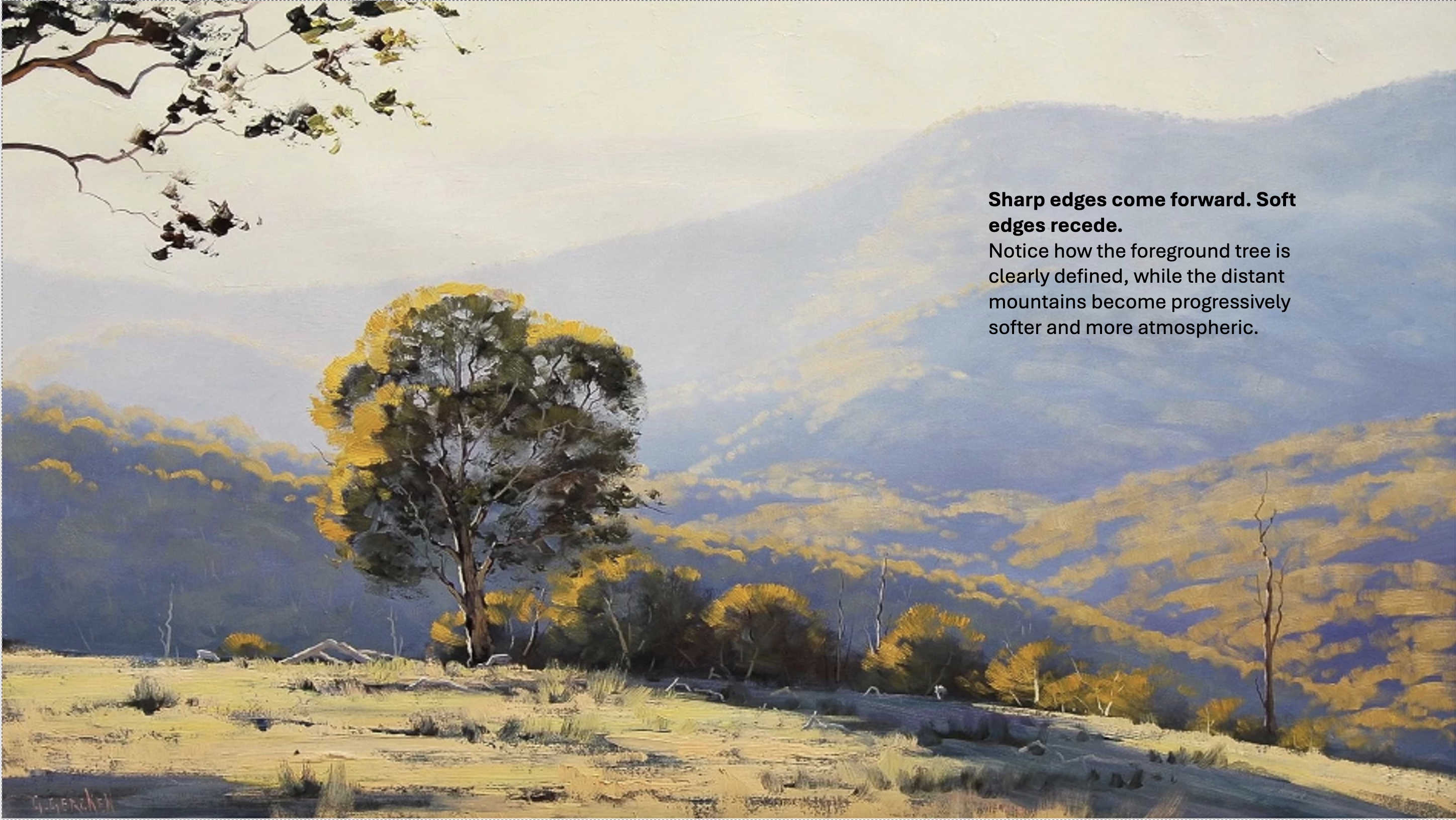 Landscape painting with a sharply defined tree in the foreground and soft, atmospheric mountains in the distance