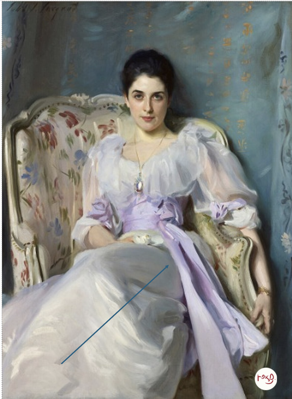 John Singer Sargent's Portrait of Lady Agnew of Lochnaw, showing the silk dress painted with clearly defined shapes and edges