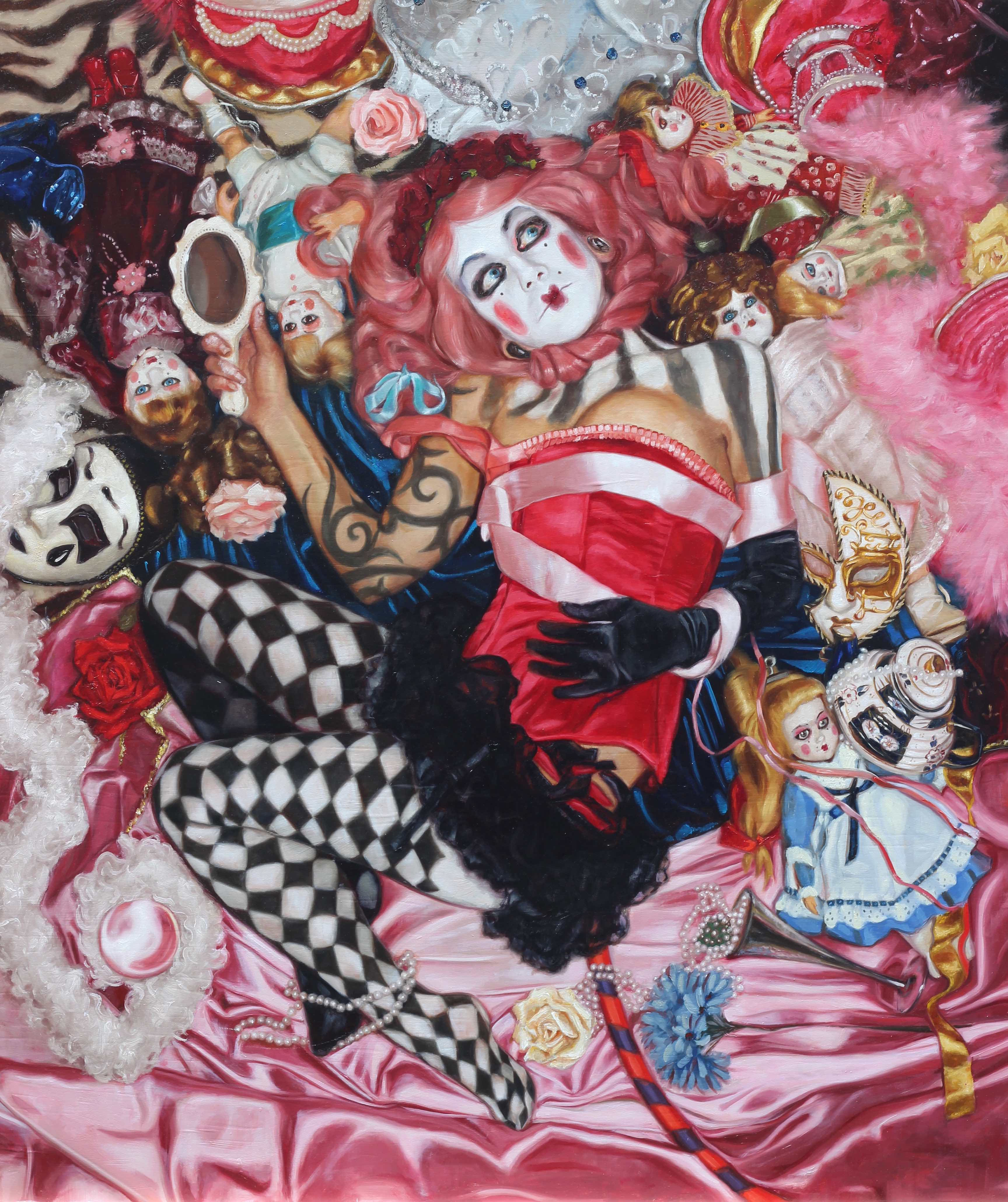 Frippery, a self-portrait in oil by Rosso Emerald Crimson, with taffeta, velvet, feathers and checked tights
