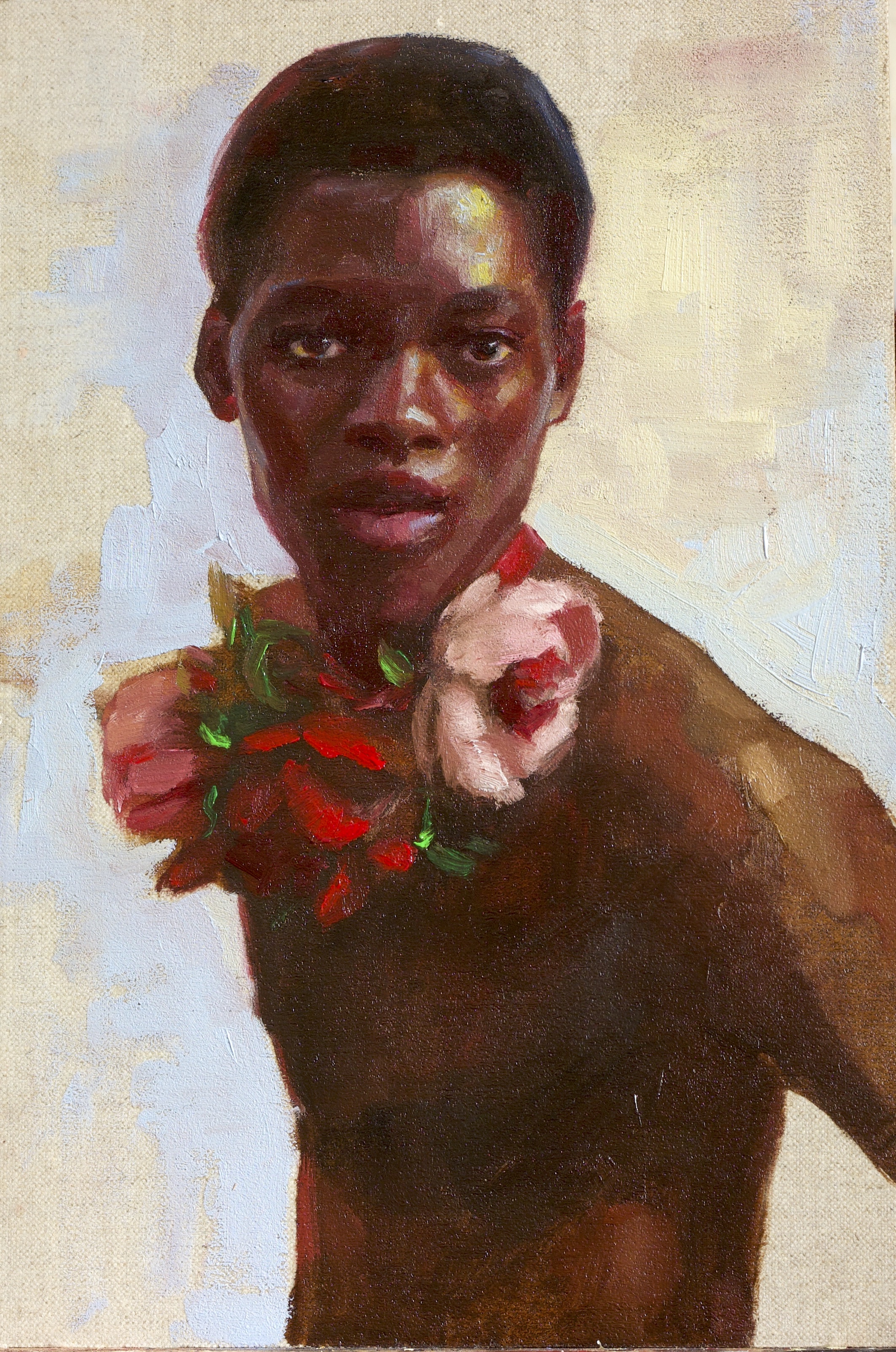 Portrait of a man with flowers, with Alizarin Crimson glazed into the shadows of the face