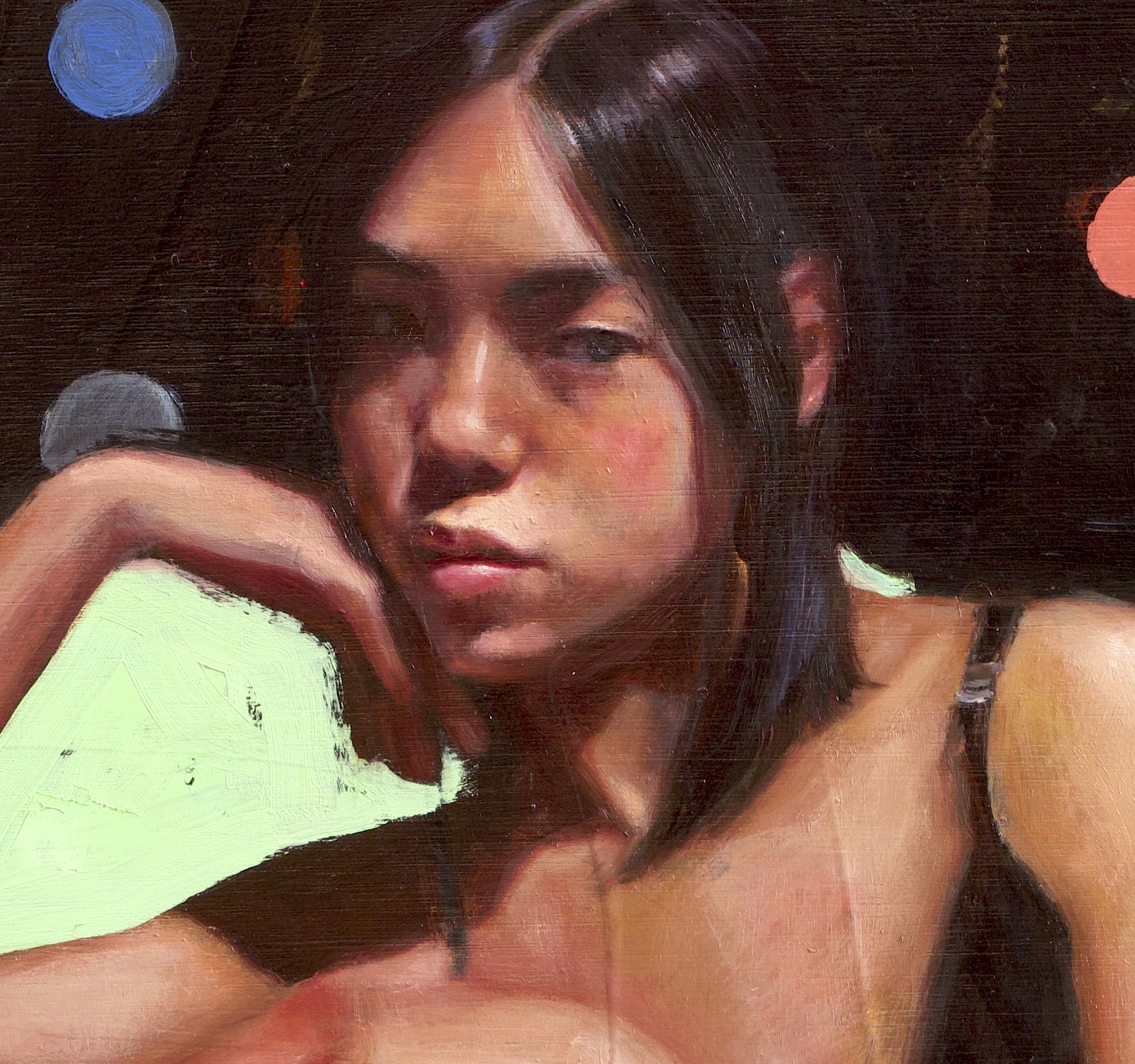 Portrait detail showing warm olive and brown skin tones mixed with Warm Yellow