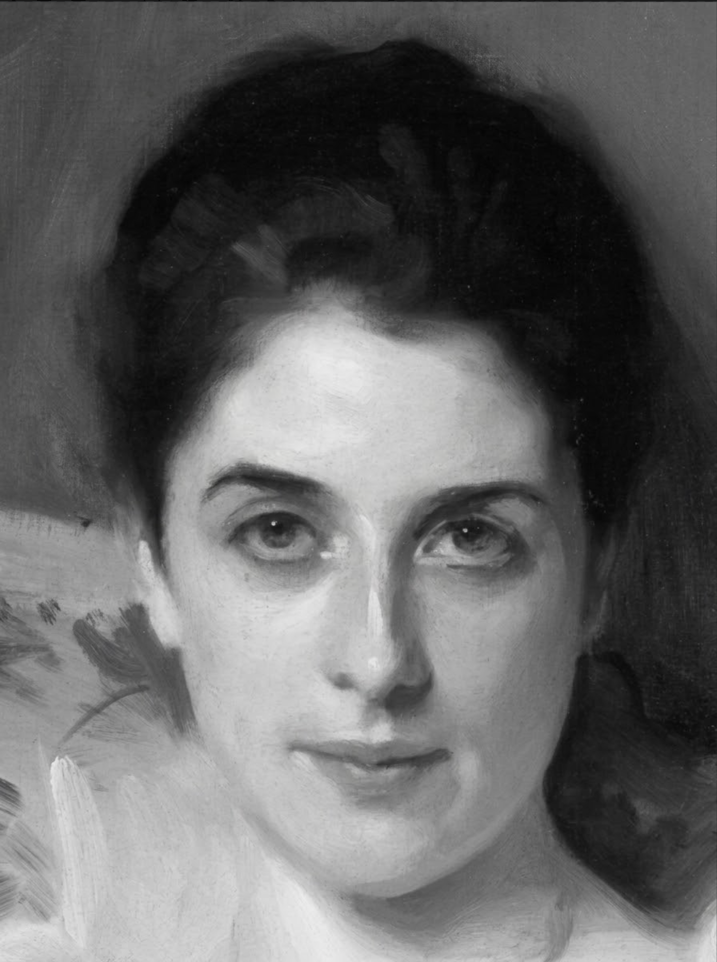 The same detail of Sargent's Lady Agnew in greyscale, where the cheek and the background merge