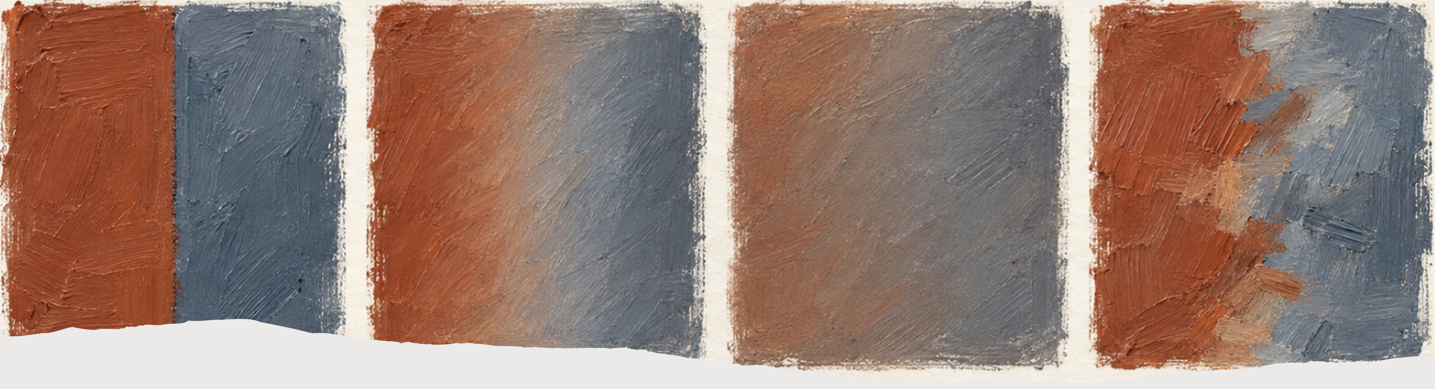 Four oil paint swatches in red and blue showing a sharp, a soft, a lost and a broken edge