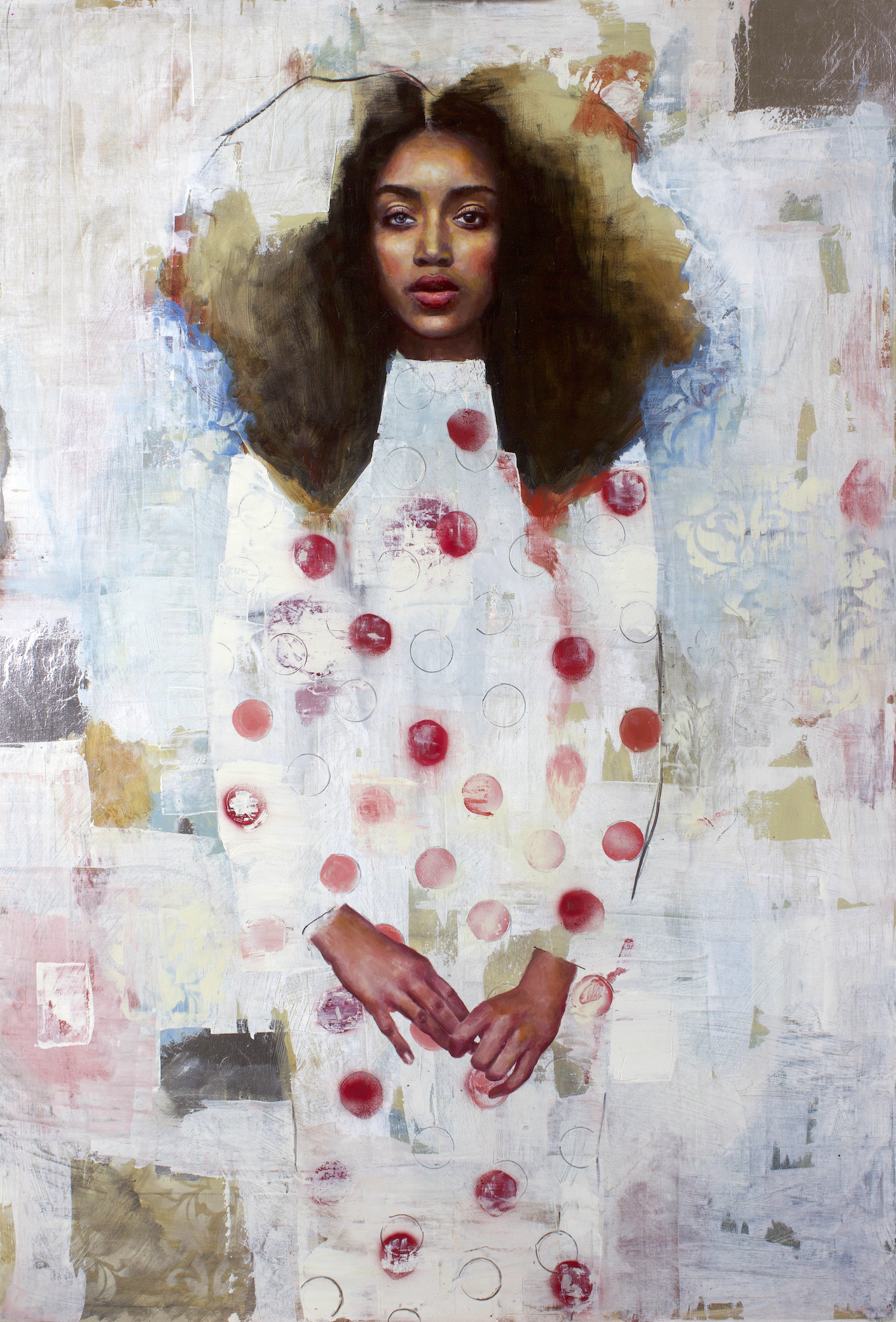 Oil painting by Rosso Emerald Crimson of a standing woman in a white dress with red dots, the figure merging into an abstract background