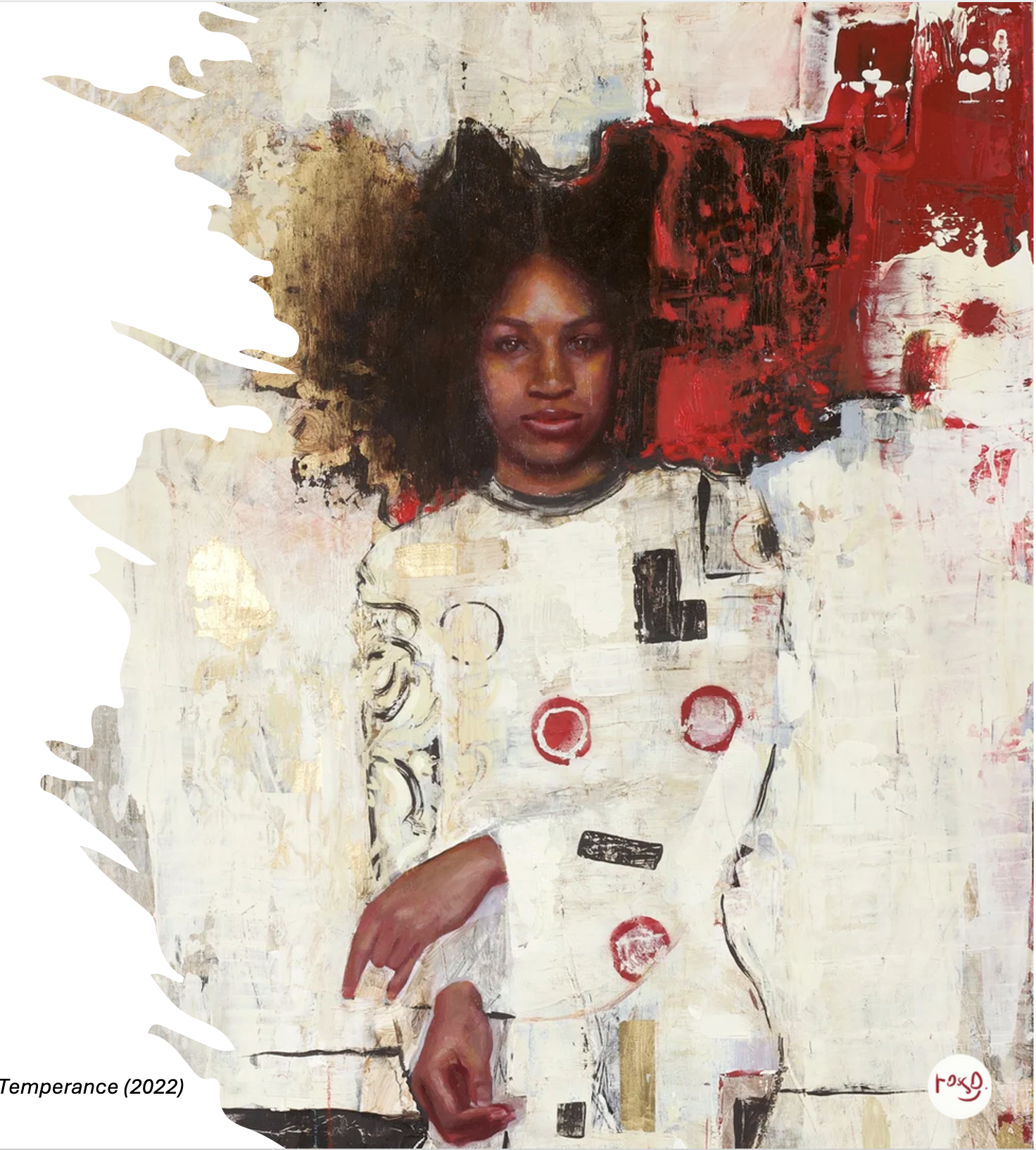 Temperance, oil painting by Rosso Emerald Crimson of a woman whose figure breaks into an abstract surface