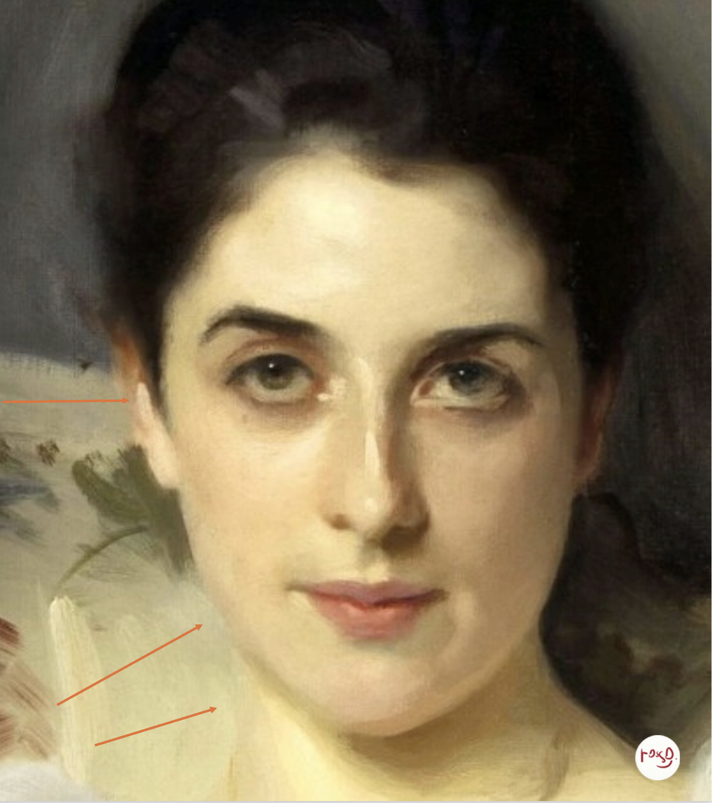 Detail of the face in John Singer Sargent's Portrait of Lady Agnew of Lochnaw, showing lost edges at the cheek