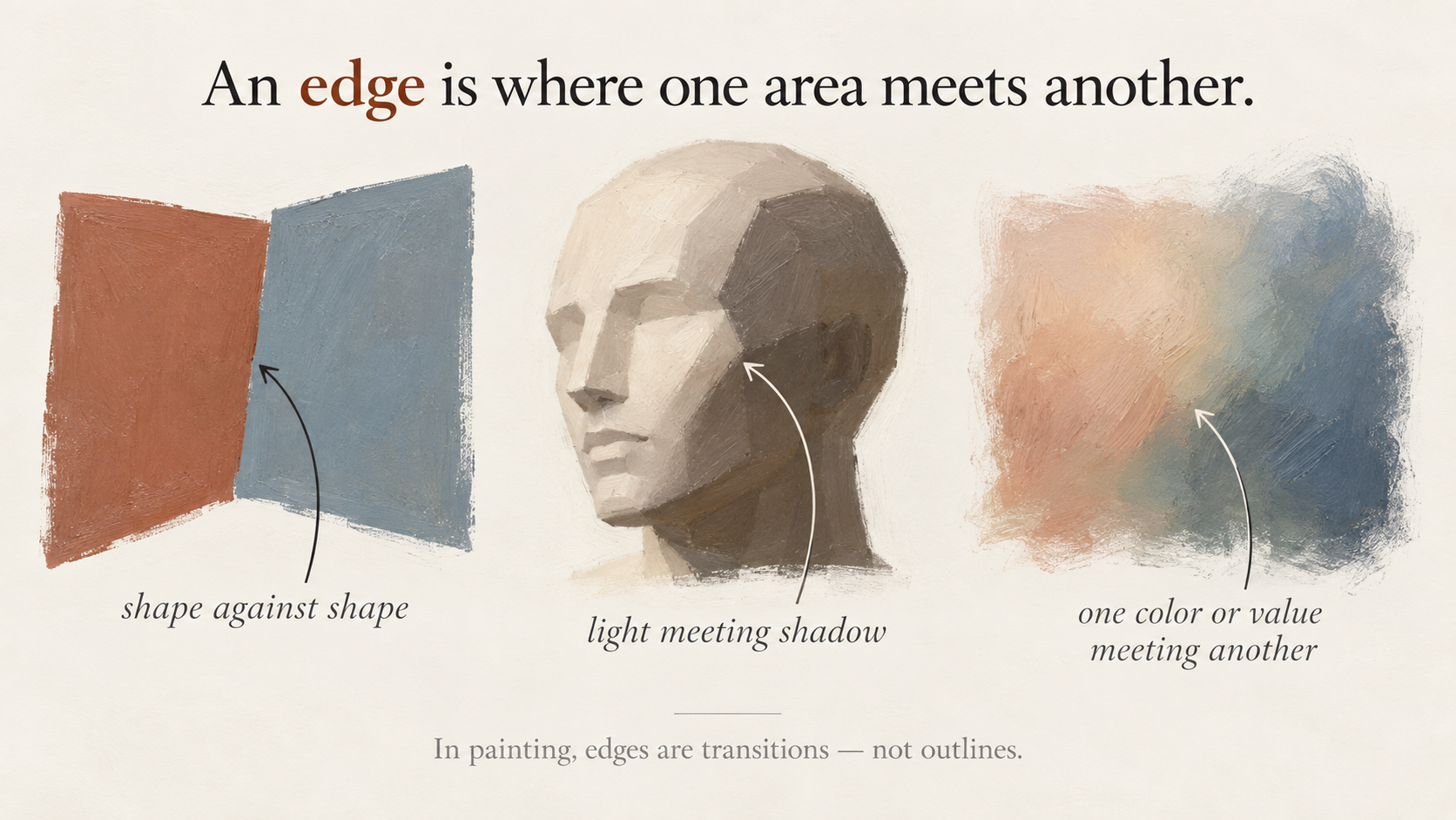 Diagram of three kinds of edges: shape against shape, light meeting shadow, and one colour or value meeting another