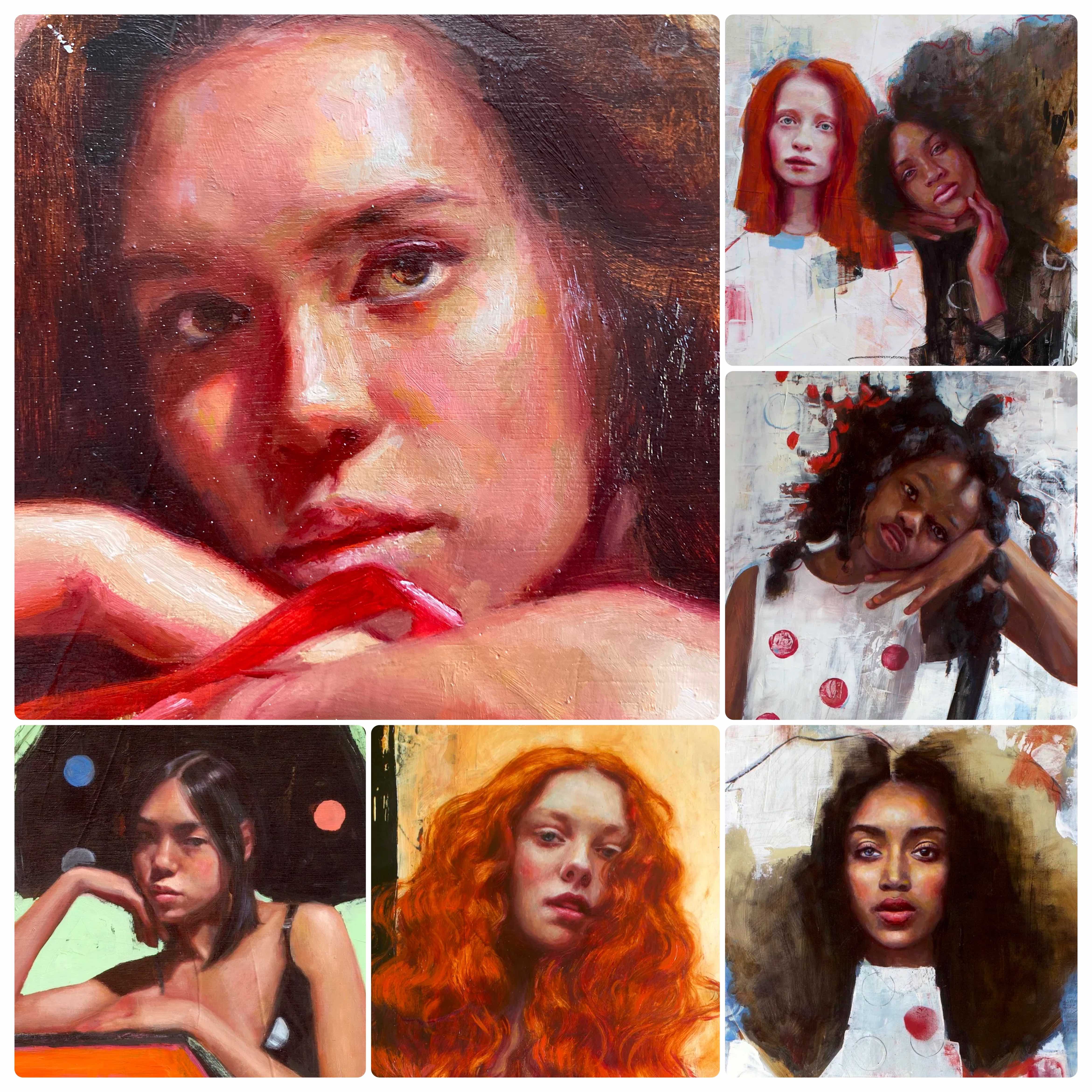 A group of oil portraits by Rosso Emerald Crimson shown together