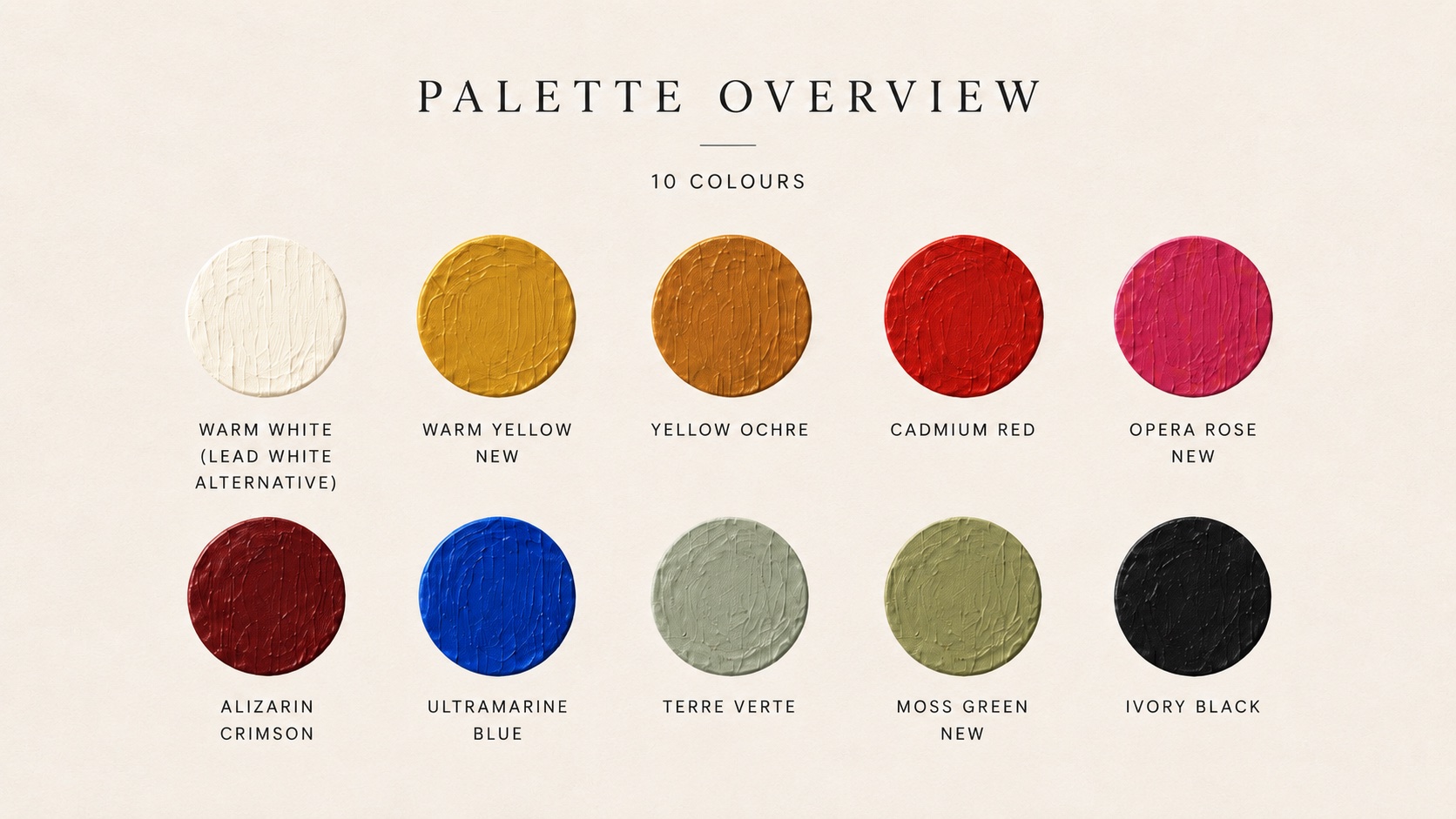 The ten oil colours in the set, swatched in a row