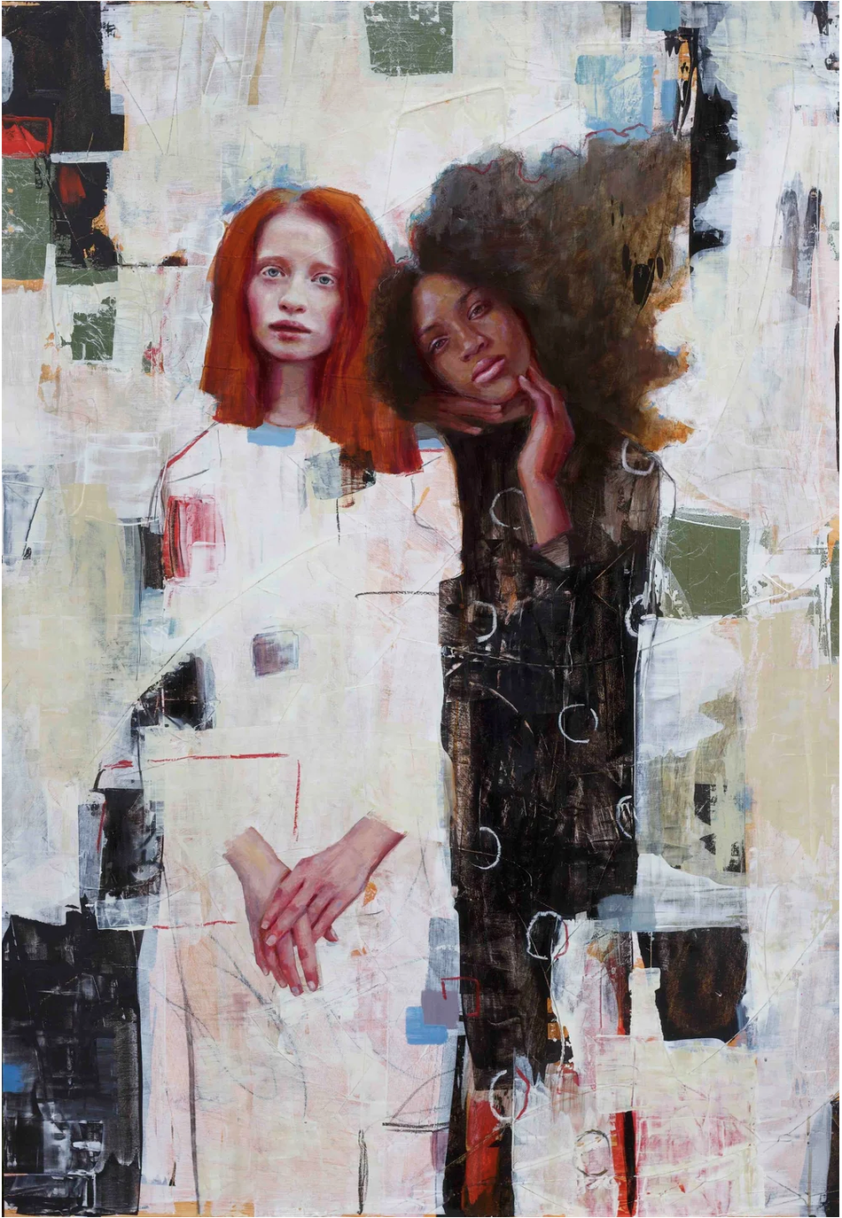 La Roja, La Morena, oil painting by Rosso Emerald Crimson of two women merging with an abstract background