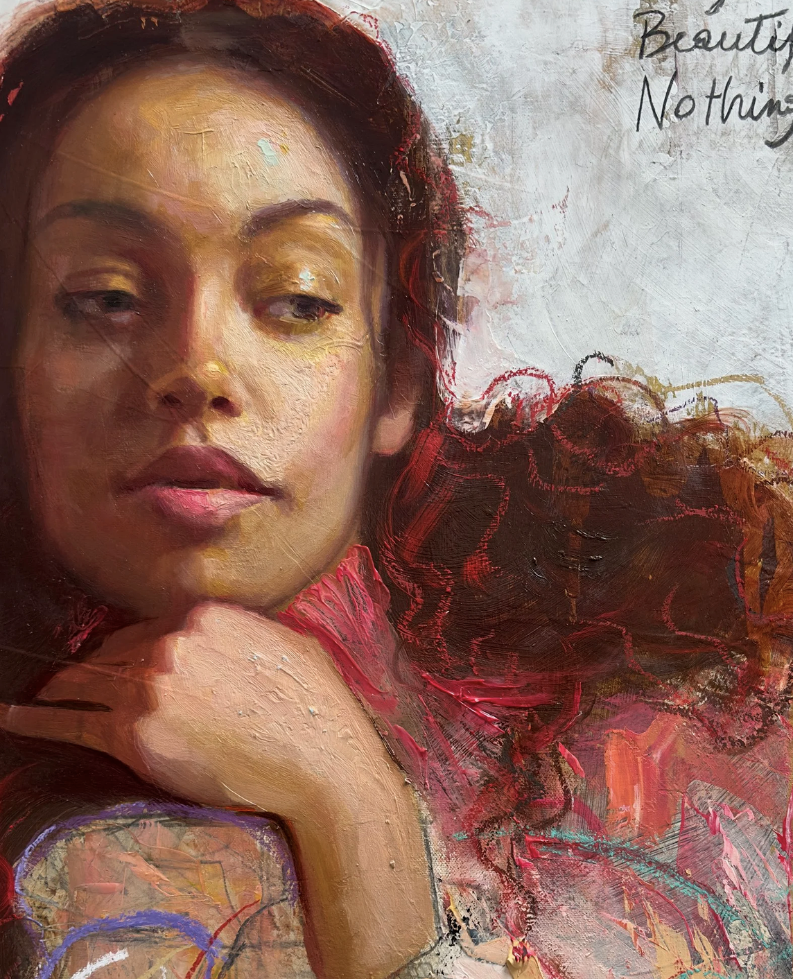 Oil portrait by Rosso Emerald Crimson of a woman resting her chin on her hand, with sharp and soft edges side by side