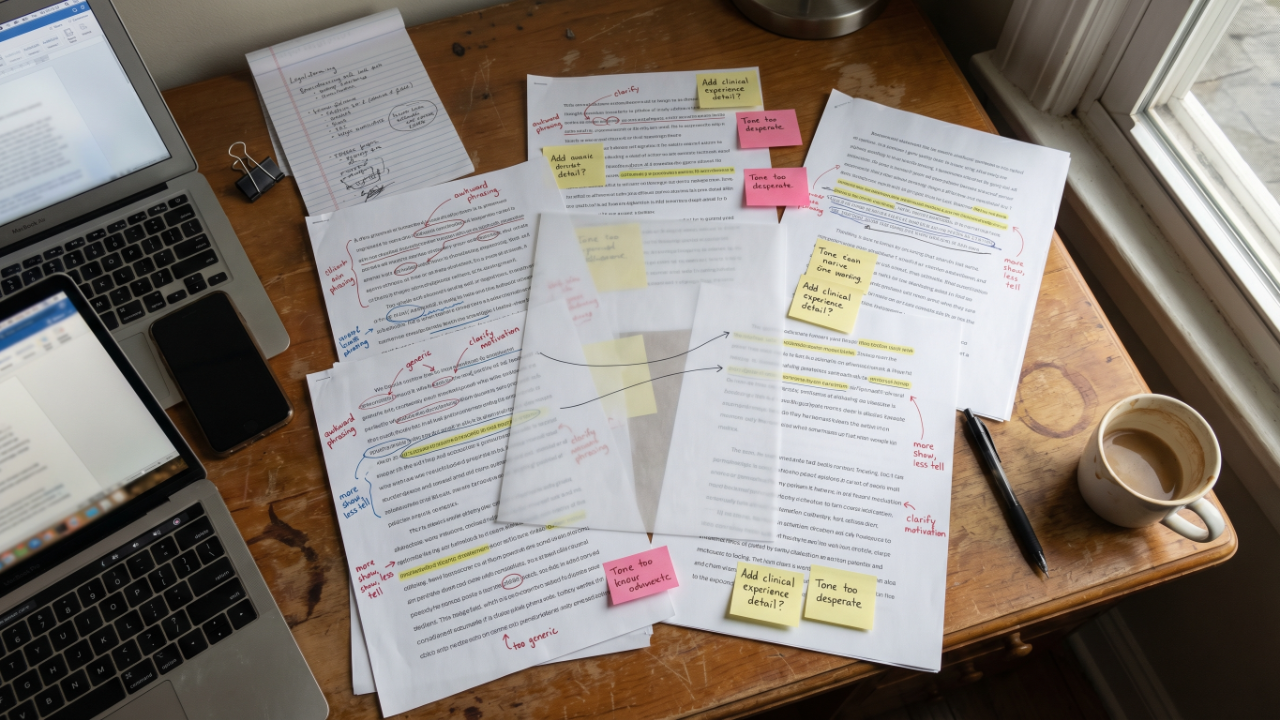 Desk with marked-up essay drafts showing too much feedback and one clearer direction.